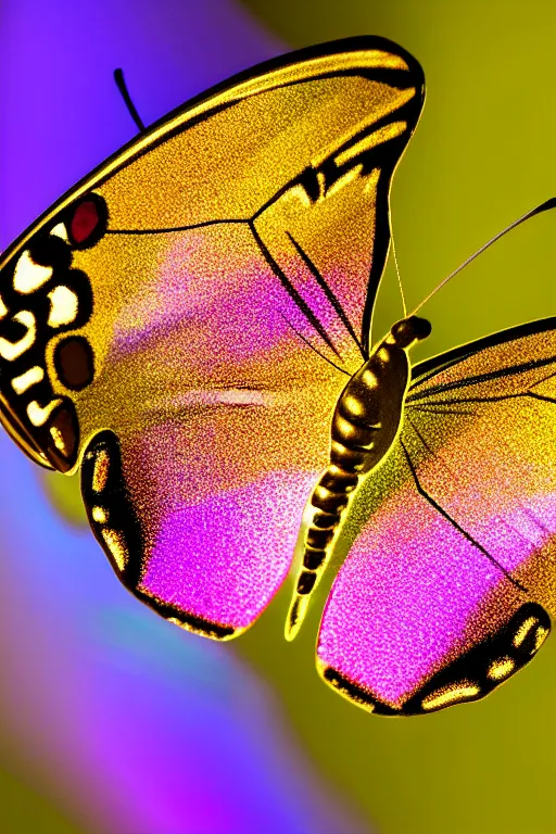 Prompt: high quality close-up photo rococo pearlescent butterfly! jewelled gorgeous! highly detailed david ligare elson peter cinematic yellow neon lighting high quality low angle hd 8k sharp shallow depth of field