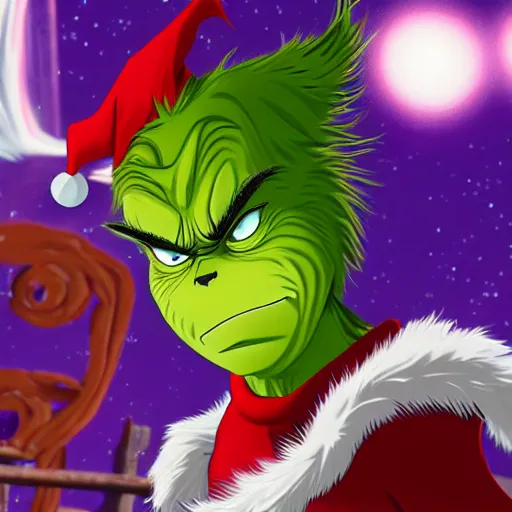 Image similar to The Grinch activates his sharingan eye while fighting Naruto, battle scene, anime style, highly detailed, 8k, sharp, Masashi Kishimoto