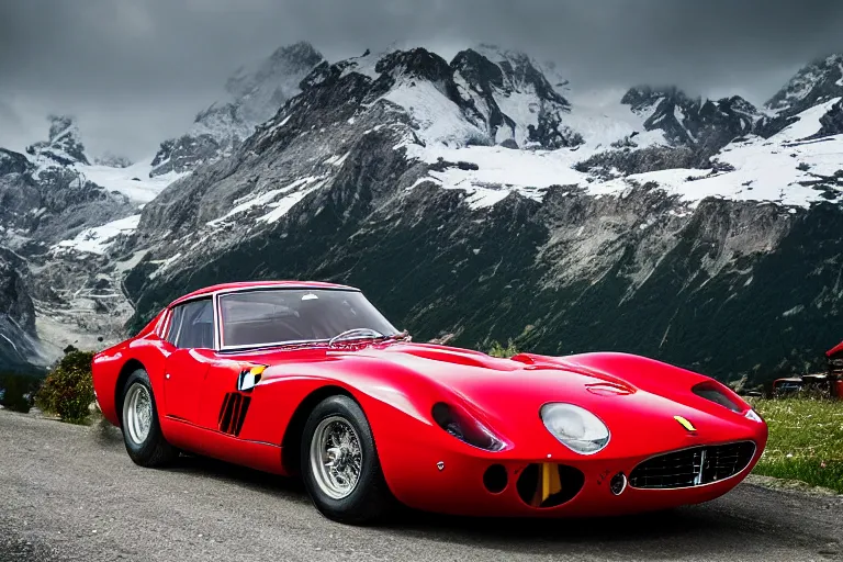 Prompt: car photography of Ferrari 250 GTO series 2 in the Swiss Alps by Emmanuel Lubezki