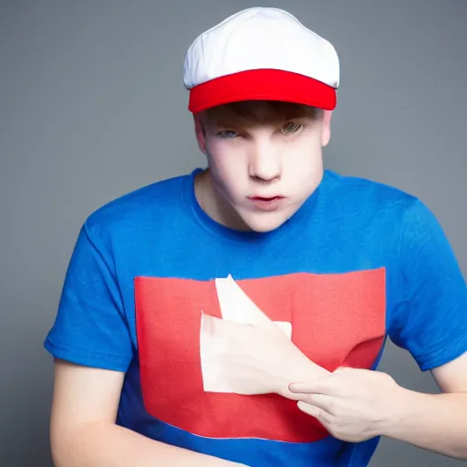 Image similar to a portrait of an average white teenage boy with blue colored hair, wearing a red backwards cap, white t - shirt with a red no symbol on it, blue long pants and red shoes, holding a microphone on a stage, studio lighting, photoshoot