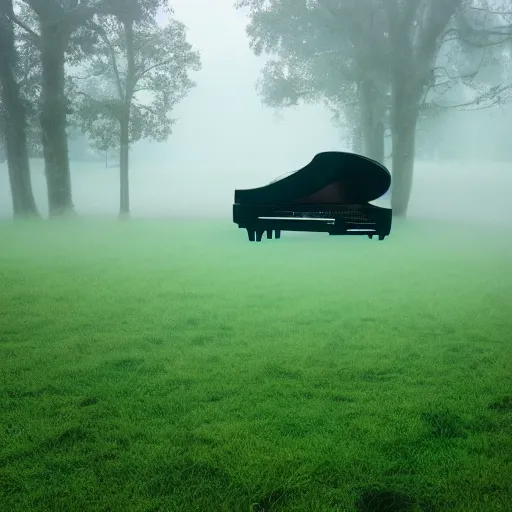Image similar to a giant grand piano fading into the green fog, dramatic