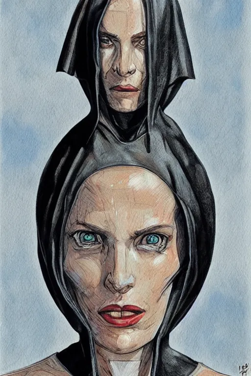 Image similar to portrait fashion model cyborg nun artwork by enki bilal