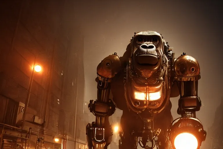 Image similar to a giant robotic gorilla, steampunk, night, atmospheric lighting, trending in artstation, octane render, 4k,