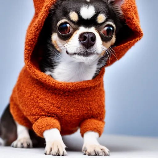 Image similar to a cute chihuahua wearing a fuzzy sweater, high resolution photo