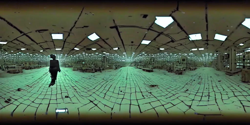 Image similar to abandoned human robot android factory in a mall, distorted 8 mm video still