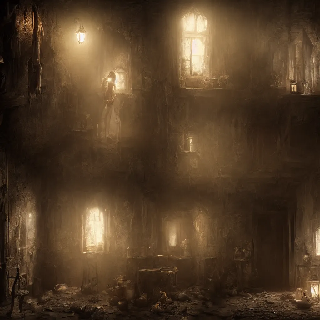 Image similar to a witch standing in the shadows on the inside of a decrepit cottage at night, highly detailed interior, by Bastien LeCouffe-Deharme, hyperrealistic, Cryengine 8k UHD