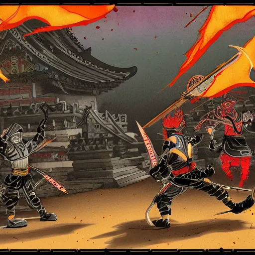 Prompt: a dward ninja heroes facing an ancient temple, illustrated by trent kaniuga