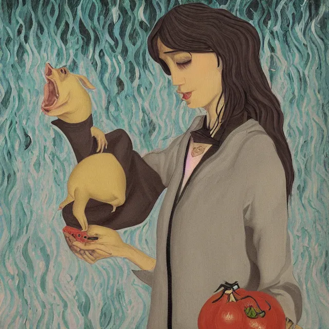 Image similar to tall female emo artist holding a pig in her flooded bathroom, water gushing from ceiling, painting of flood waters inside an artist's bathroom, a river flooding indoors, pomegranates, pigs, ikebana, zen, water, octopus, river, rapids, waterfall, black swans, canoe, berries, acrylic on canvas, surrealist, by magritte and monet