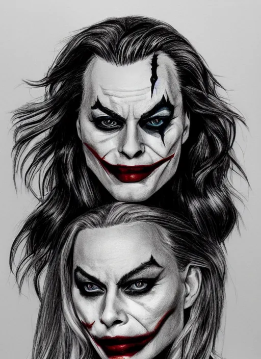 Prompt: a drawing of margot robbie with joker makeup, ace card, realistic face, black and white, hyper realistic, highly detailed