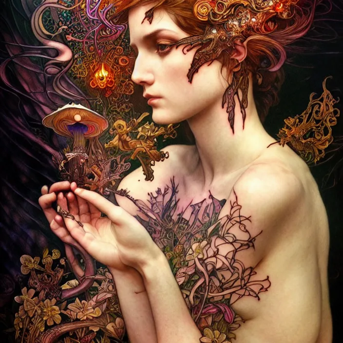 Image similar to psychedelic mushroom tattoo, diffuse lighting, fantasy, intricate, elegant, highly detailed, lifelike, photorealistic, digital painting, artstation, illustration, concept art, smooth, sharp focus, art by John Collier and Albert Aublet and Krenz Cushart and Artem Demura and Alphonse Mucha