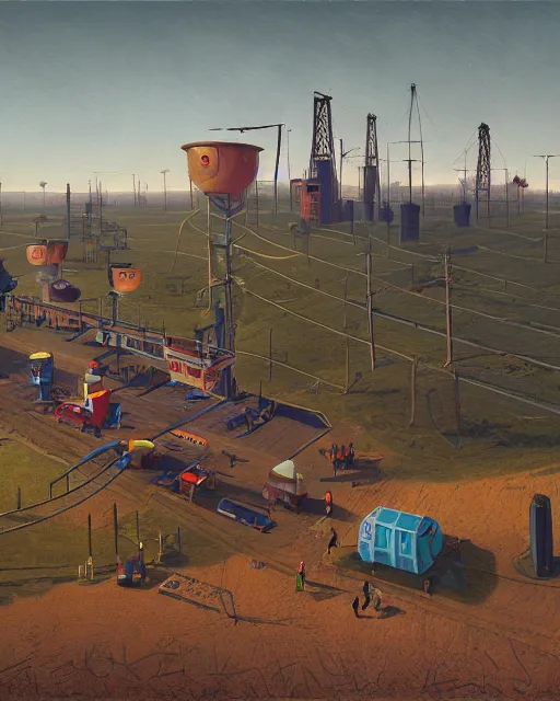 Prompt: the digital workers being robbed of their time and money by corporate overlords by Simon Stålenhag and Grant Wood, oil on canvas