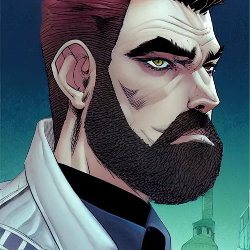 Image similar to portrait of a greying pale vampire police officer with short hair and a patchy beard, close up, grimy streets backdrop, highly detailed, sharp focus, perfect eyes, art by russell dauterman and patrick gleason and stefano caselli and marco checchetto and esad ribic