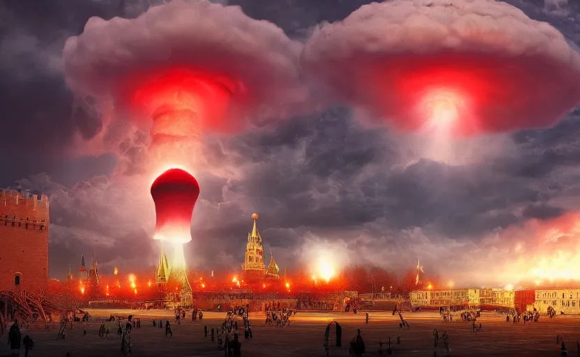 Image similar to ultra realistic picture of a big nuclear explosion with realistic nuclear mushroom in Red Square Kremlin, volumetric lighting, clouds and lightnings, cinematic, extremely high detail, photo realistic, cinematic lighting, post processed, artstation, matte painting, unreal engine 5, 8k