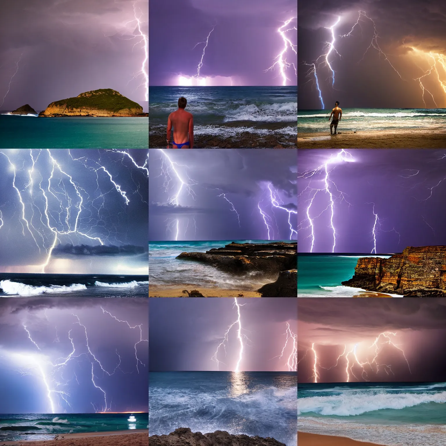 Prompt: poseidon emerging from the filyos beach with lightnings and a huge storm in the background, hd
