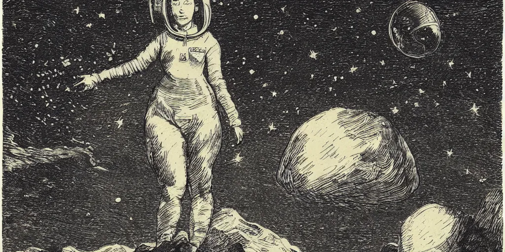 Image similar to portrait of a slim woman wearing a space helmet on an alien planet, clouds visible, stars in the sky, mountains, etching, in the style of Goya