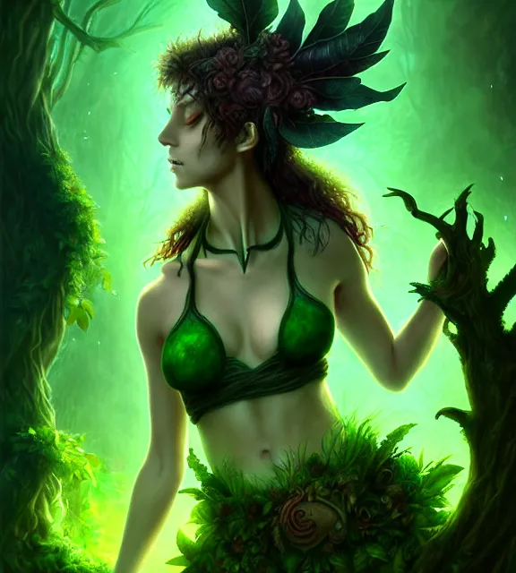 Prompt: ancient graveyard with beautiful female spriggan wearing green leaf halter top, perfect face, dark green leaf hair, with abs, cinematic, blush, stunning, elegant, highly detailed, psychedelic, digital painting, artstation, smooth, hard focus, illustration, art by jessica rossier and and brian froud