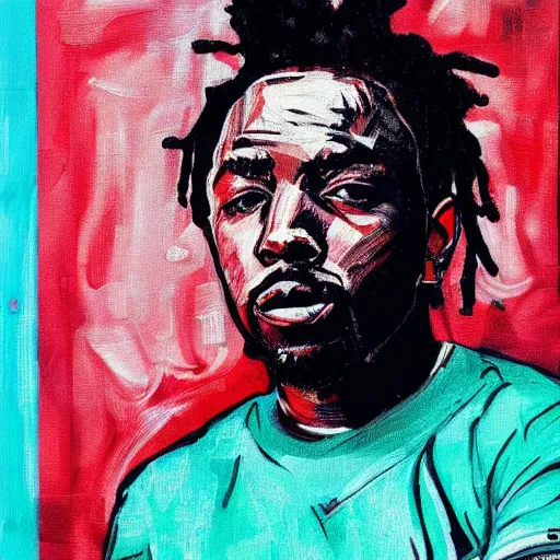 Prompt: portrait of kendrick lamar in t - shirt in the style of vincent van gogh, colorful, artistic, vibrant, high fashion, art