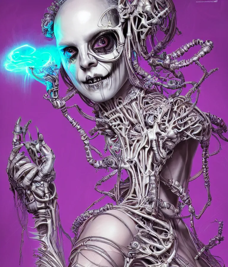 Image similar to fully symmetrical centered iridescent portrait of a beautiful princess demon in robe. skulls artificial muscles, ribcage, bones, hard surface modelling. cyberpunk look. biomechanical mask. bio luminescent biomechanical halo around head. neon jellyfish. artwork by jarold Sng by artgerm, by Eddie Mendoza, by Peter mohrbacher by tooth wu, by beeple, unreal engine, octane render, cinematic light, high details, iridescent colors, dichroic, macro, depth of field, blur