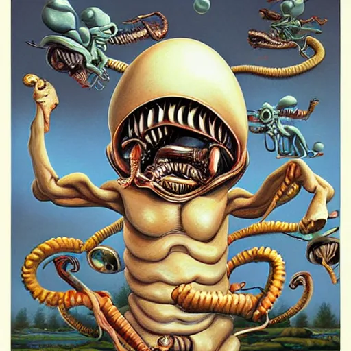 Image similar to Xenomorph life cycle, egg-facehugger-drone painting by Mark Ryden and Alex Gross, Todd Schorr highly detailed