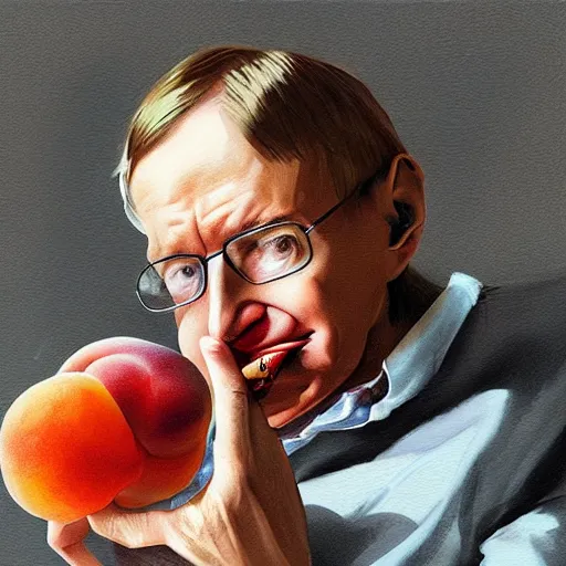 Image similar to stephen hawking eating a peach delicious food art greg rutkowski james gurney