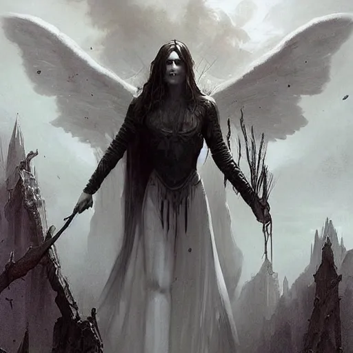 Image similar to in a world of horror, films of all time and a stunning white stunning gothic angel is the experience of all members of your family who, and reward players for their success, concept art, artwork by greg rutkowski, trending