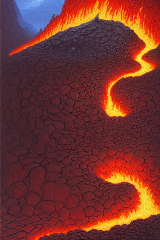 Prompt: classic oil painting, a magma monster is crawling out of a volcano, as a dnd character, in a cratered basalt valley, cottagecore, highly detailed, digital illustration, concept art, smooth, sharp focus, art by tim hildebrandt, and greg hildebrandt