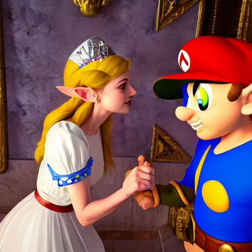 Image similar to A hyper real comic book style portait painting of Zelda the princess meeting Super Mario and Sonic, unreal 5, hyperrealistic, octane render, cosplay, RPG portrait, dynamic lighting