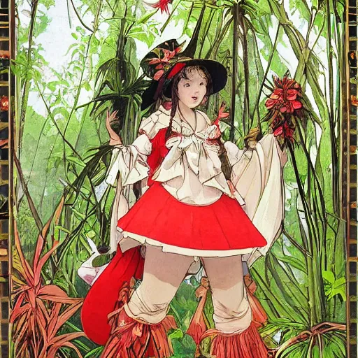 Prompt: a mucha alphonse of reimu in the jungle wearing bonnet