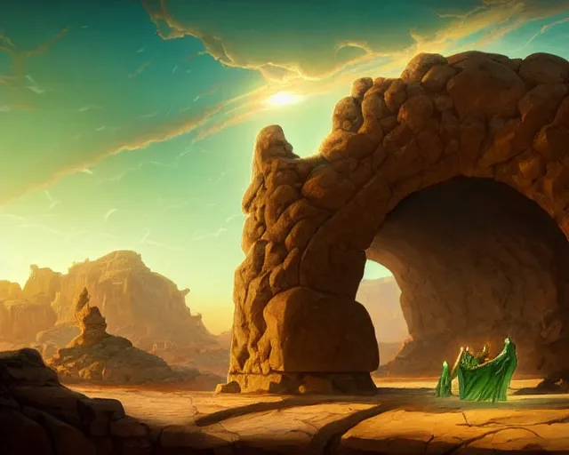 Image similar to desert landscape with a huge stone portal monument glowing green with swirls, deep focus, d & d, fantasy, intricate, elegant, highly detailed, digital painting, artstation, concept art, matte, sharp focus, illustration, hearthstone, art by artgerm and greg rutkowski and alphonse mucha