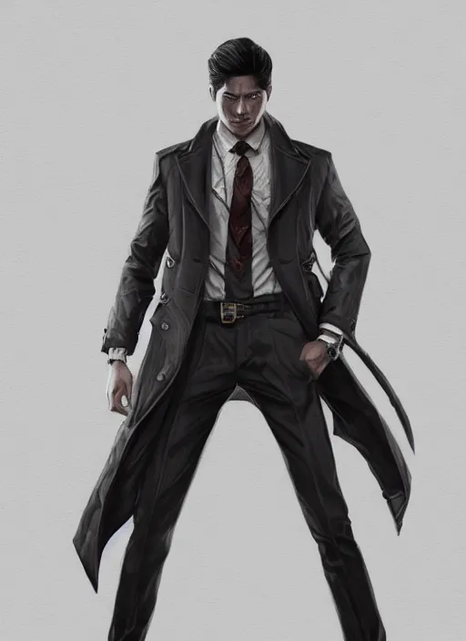 Image similar to a highly detailed illustration of Daniel Matsunaga as serious detective wearing detective coat, dramatic standing holding closed book pose, muscular, intricate, elegant, highly detailed, centered, digital painting, artstation, concept art, smooth, sharp focus, league of legends concept art, WLOP