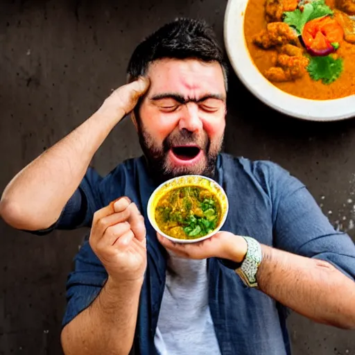 Image similar to photo of a man ecstatically eating a bowl of indian curry. weeping with joy, hands raised