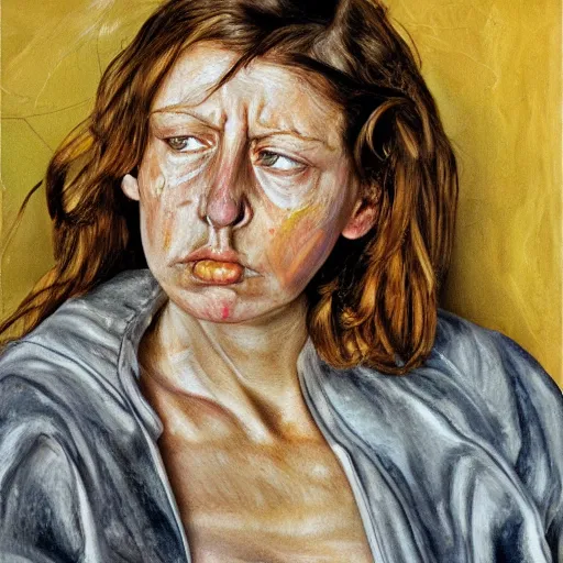 Image similar to high quality high detail painting by lucian freud, hd, angry brunette girl portrait, photorealistic lighting