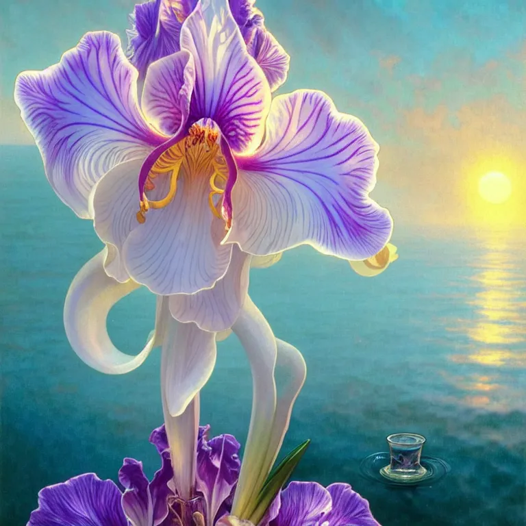 Prompt: detailed giant white holographic orchid iris hybrid flower surrounded by ocean waves, lsd water, lsd ripples, droplets, backlit, sunset, refracted lighting, art by collier, albert aublet, krenz cushart, artem demura, alphonse mucha