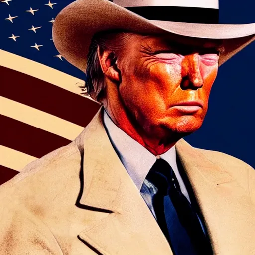 Image similar to donald trump as clint eastwood squinting at high noon in the style of a clint eastwood movie, the good, the bad and the ugly, clint eastwood, steven seagal, bud spencer, donald trump, glory days, american flag, patriotism, apple pie, black and white, artgerm, trending on artstation