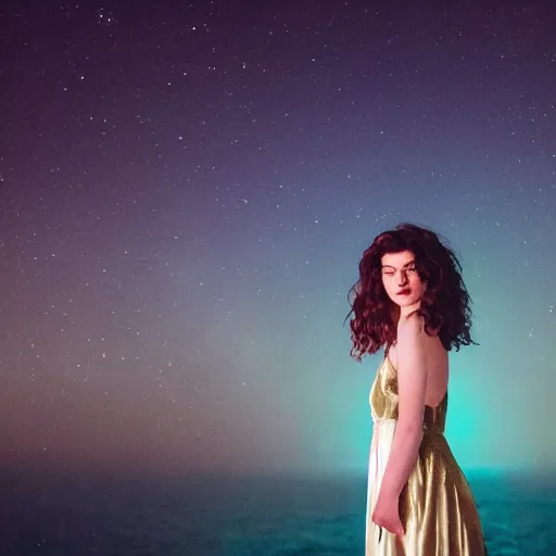 Prompt: lorde with a velvet crown and black gown standing on a raised translucent platform in the middle of the sea, night time with milky way in the sky. cinematic, 3 5 mm film, sharpness, nostalgic and melancholic 4 k, 8 k