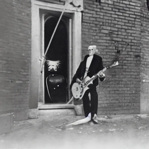 Image similar to vintage photograph of count orlok crouched outside his castle, playing the blues on guitar, 4 k