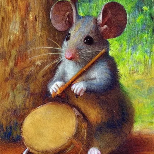 Prompt: mouse holding a drum, sitting in the forrest, medieval portrait, impressionism, close up