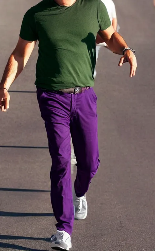 Prompt: a man with a chin - style dark brown beard without mustache in a full black hat, green shirt, purple pants and white sneakers in full height, perfect face