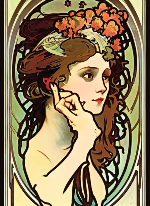 Image similar to a portrait of a pretty sewer punk young lady by alphonse mucha