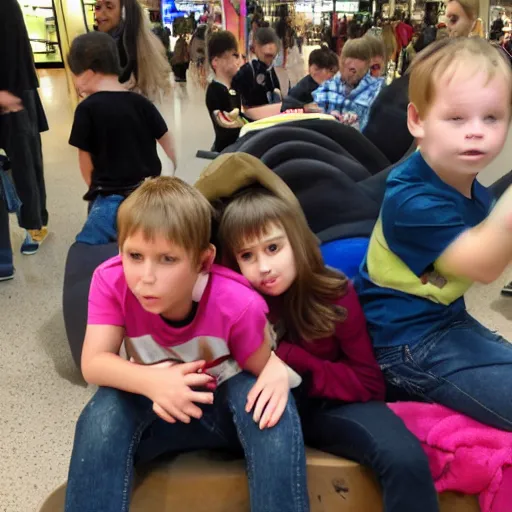 Image similar to kids are sitting on satan ’ s lap at the mall due to a spelling error, photograph