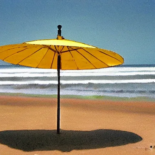 Prompt: a beach and surf lifesaving club, empty, single parasol, by jeffrey smart