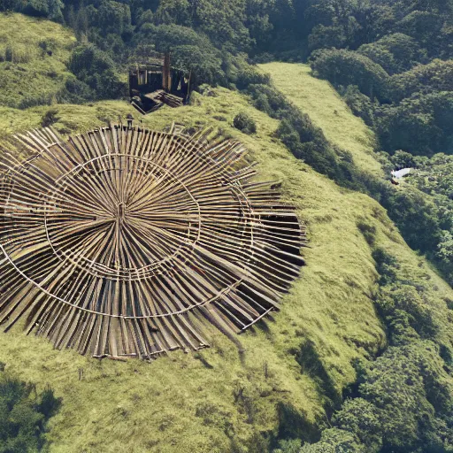 Prompt: Aerial establishing shot of circular wooden palisade with an orc-village inside