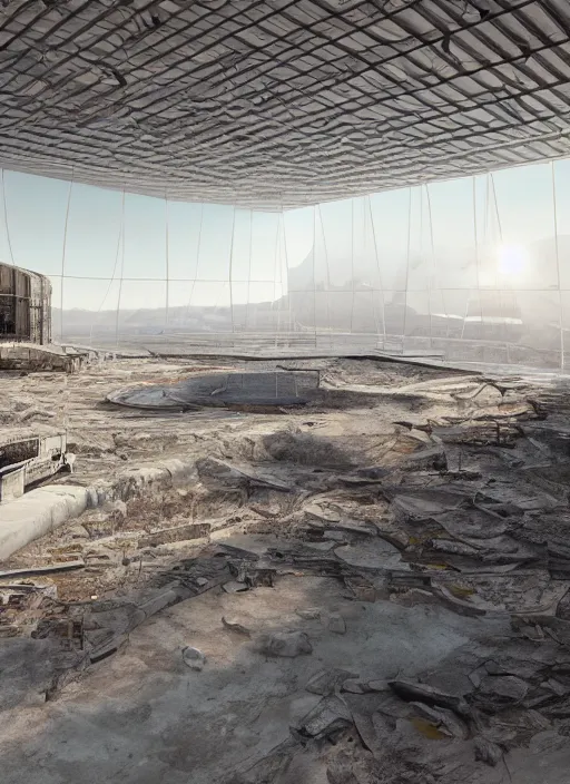 Image similar to interior hangar bioremediation white architecture, in the mining tailings of chuquicamata, epic, cinematic, hyperealistic, high detailed, corona render, hdr, ray tracing