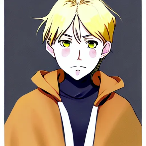 Prompt: blonde boy with yellow eyes wearing a brown cape in the style of studio ghibli, anime, artgerm