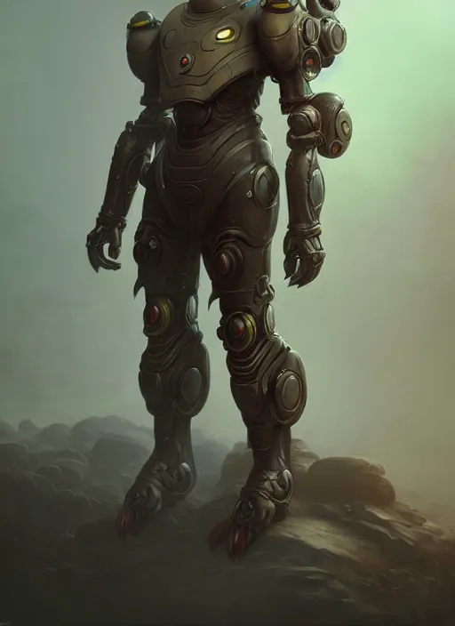 Prompt: tyrunt themed mech suit, diffuse lighting, fantasy, highly detailed, photorealistic, digital painting, artstation, illustration, concept art, smooth, sharp focus, in the style of tom bagshaw