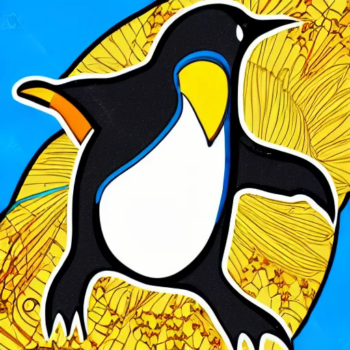 Prompt: powerful penguin in the style of art nouveau. lively. colorful. hd.