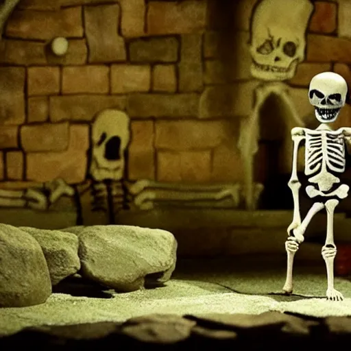 Image similar to skeleton character does his victory dance in the dungeon, claymation, stop motion, dimly lit, highly detailed