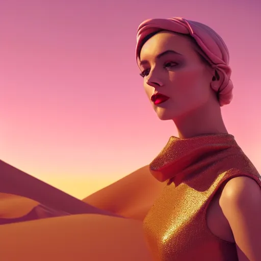 Image similar to innovative avant-garde art, deco fashion, british women, wearing pink, highly detailed, photorealistic portrait, serene desert setting, golden hour, crisp quality and light reflections, unreal engine 5 quality render