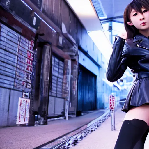 Image similar to a dynamic, epic cinematic 8K HD movie shot of a japanese young J-Pop idol girl wearing leather jacket, miniskirt, nylon tights and high heels boots. Motion, VFX, Inspirational arthouse