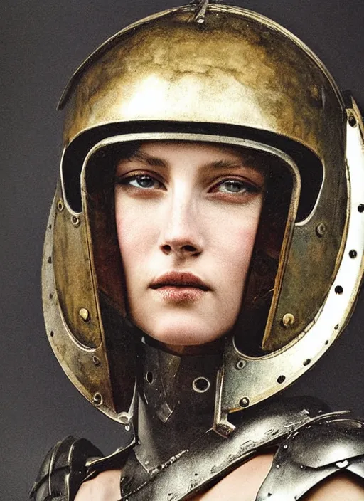 Image similar to close - up portrait of female roman gladiator with helmet and armor, art by paolo roversi